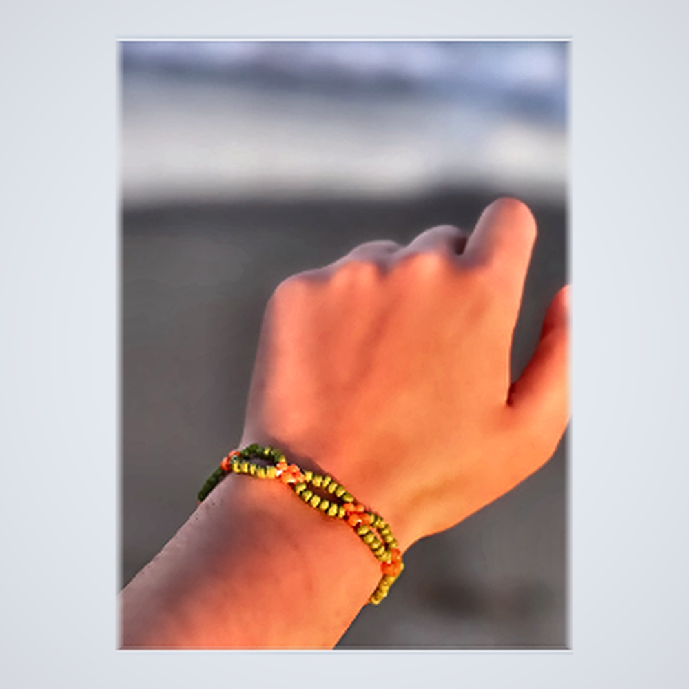 Bracelet Tissé Fleur Bohème Sunset - Vert Matcha & Mandarine Sunset
