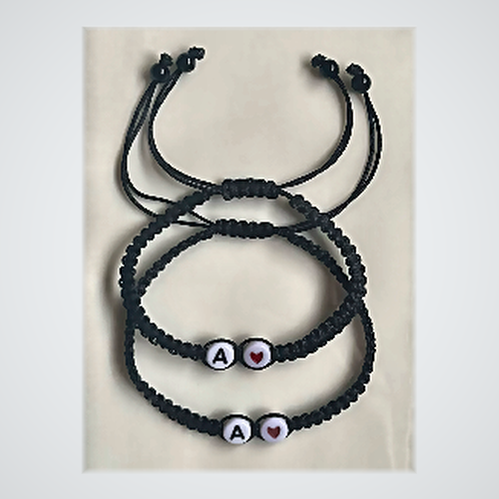 Duo Bracelets Couple Macramé Noir - Initiales & Cœur Rouge
