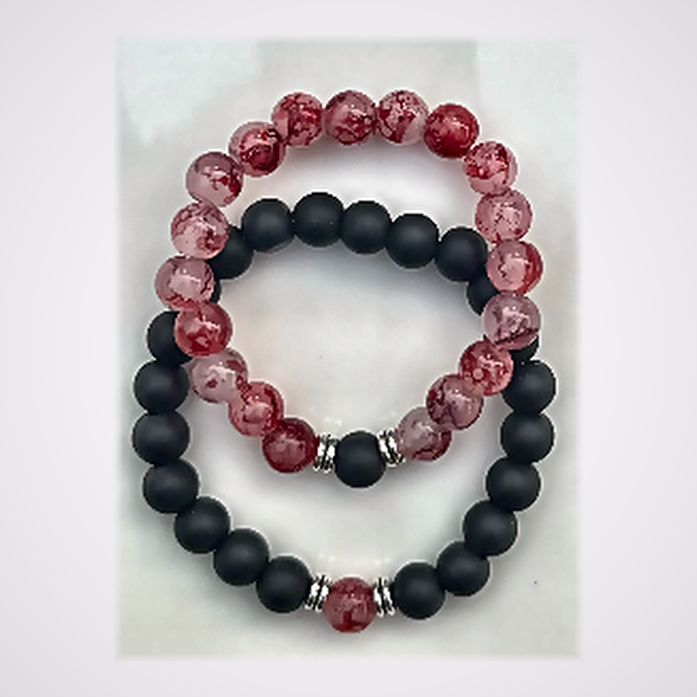 Duo Bracelets Couple Yin Yang - Cristal Craquelé Rouge Cerise & Onyx