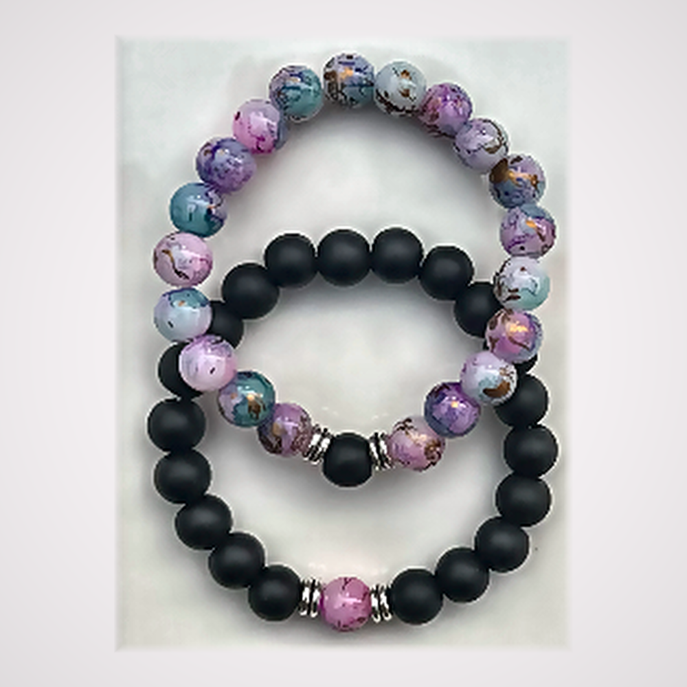 Duo Bracelets Couple Yin Yang - Agate Pastel Aquarelle & Onyx