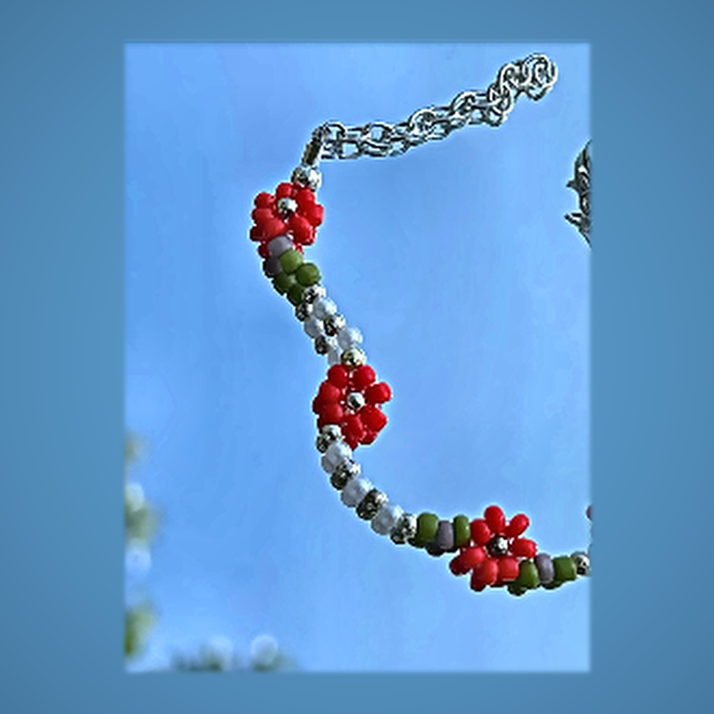 Collier Ondulé Fleurs Marguerites - Rouge Coquelicot & Olive