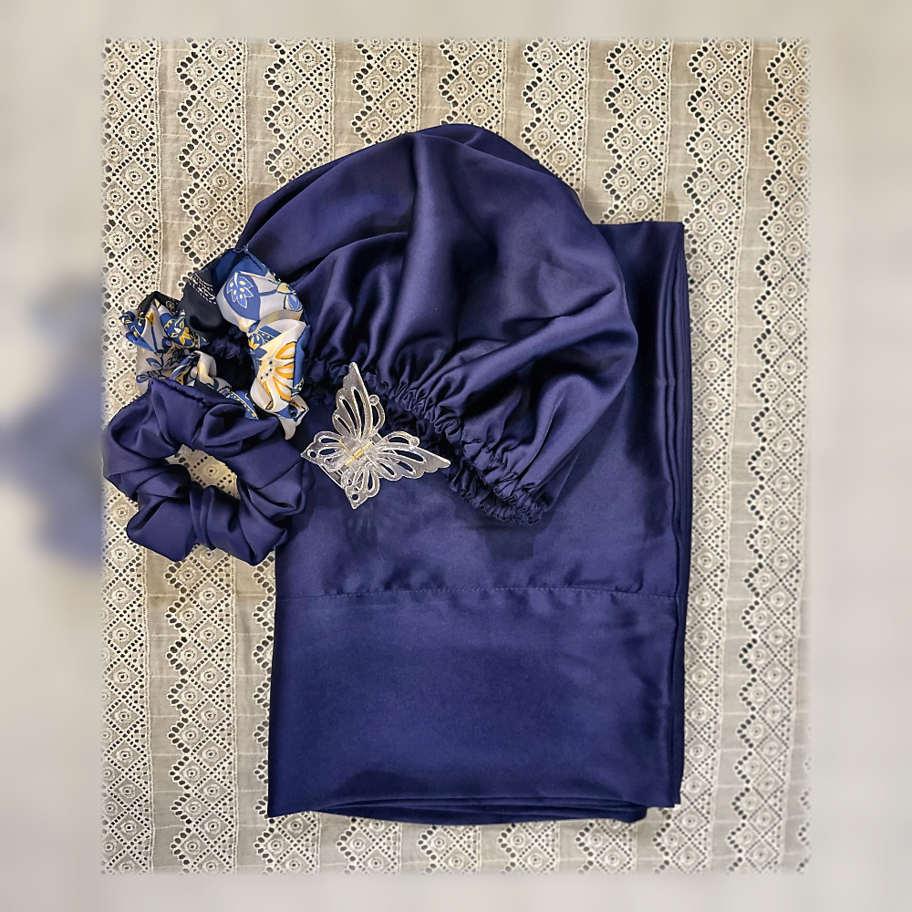 Ensemble Satin Soin Nuit - Bleu Nuit & Papillon