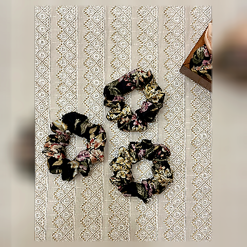 Midnight Botanical Print Scrunchie Trio