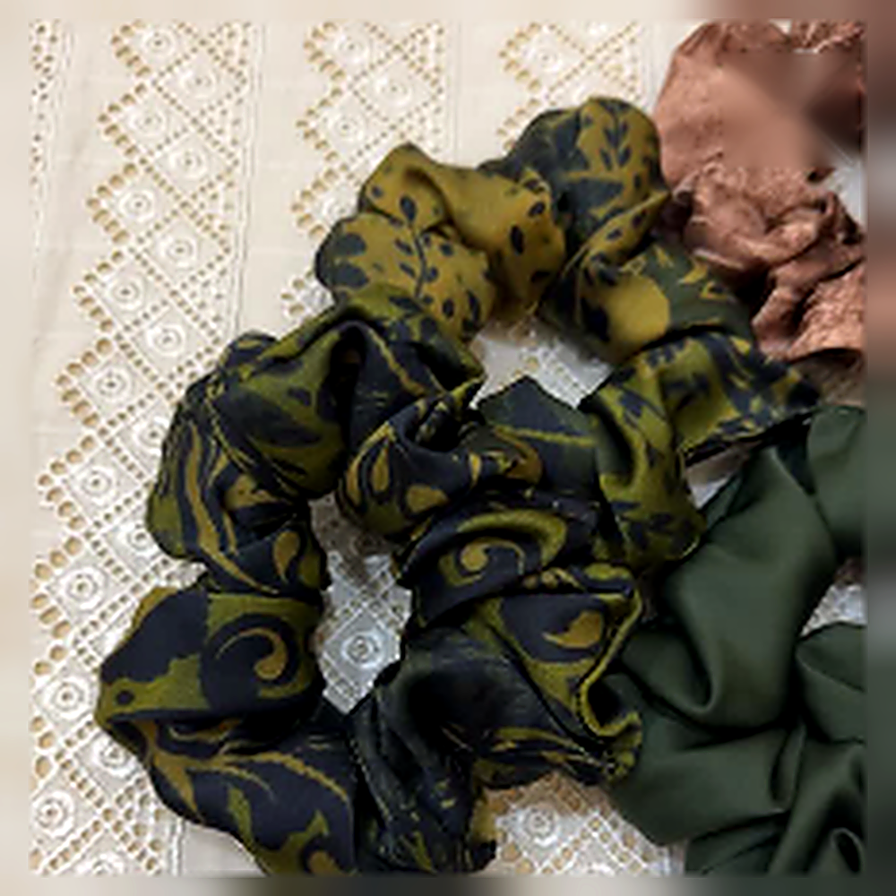 Olive Blossom Damask Scrunchie Trio