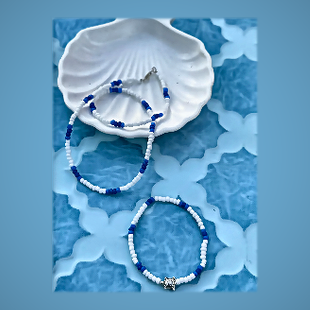 Parure Océan - Collier Perles Bleues & Bracelet Tortue de Mer